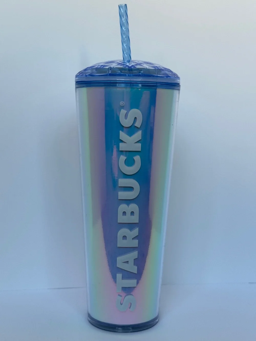 Starbucks Iridescent Pearl Blue Tumbler with Blue Dome Style Lid and Straw